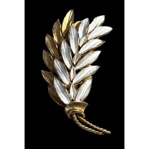 Vintage Gold & White Enamel Wheat Sheaf Brooch Pin Retro Jewelry